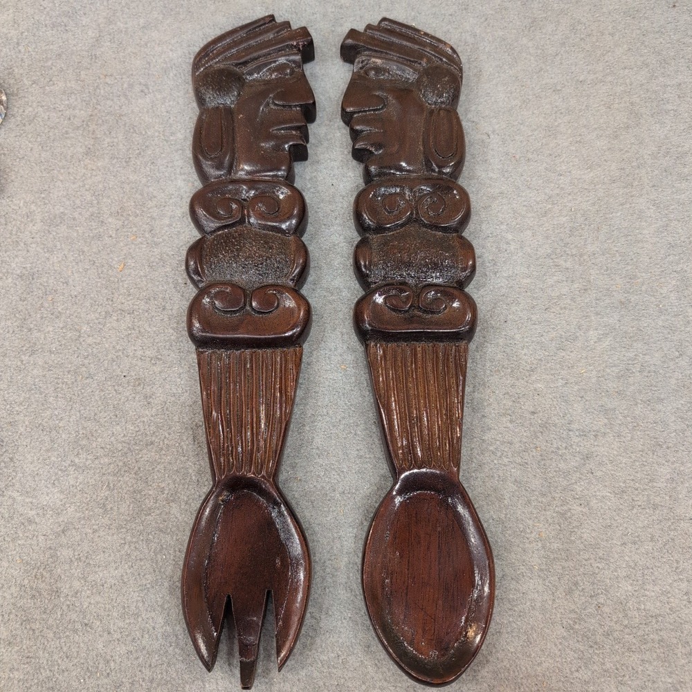 Vintage Hand Carved Wood Tribal Fork and Spoon Wall Art Set Dark Brown Decor - Picture 1 of 7